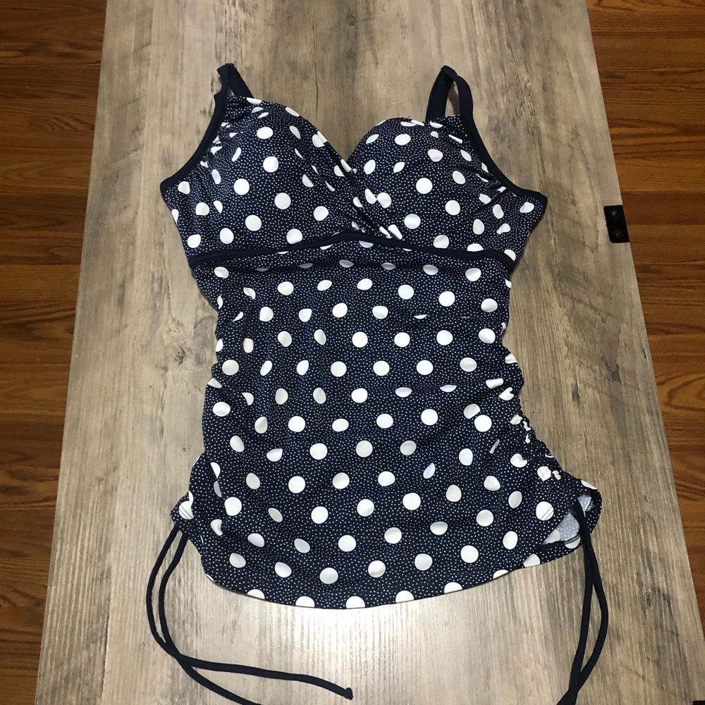 NWT Boden Polka Dot tankini Blue White Swim Top Sz 34 DD